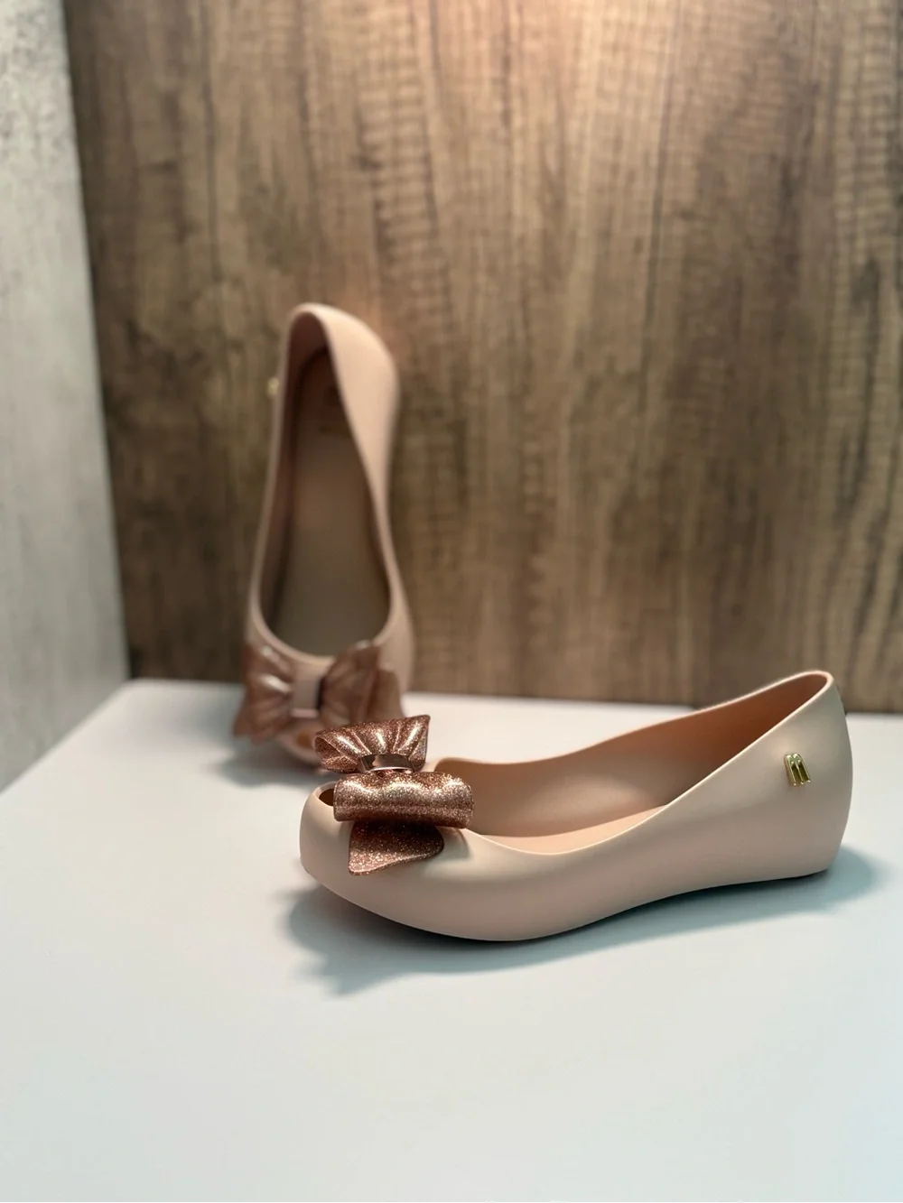 Mini Melissa Blush Pink Girls' Flats with Metallic Rose Bow